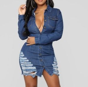 Denim distressed mini dress